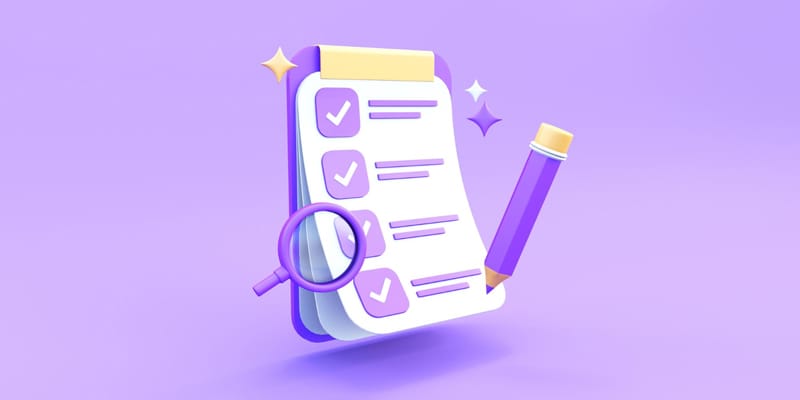Illustration colorée d'une checklist avec une loupe et un crayon, symbolisant les étapes essentielles pour la maintenance WordPress.