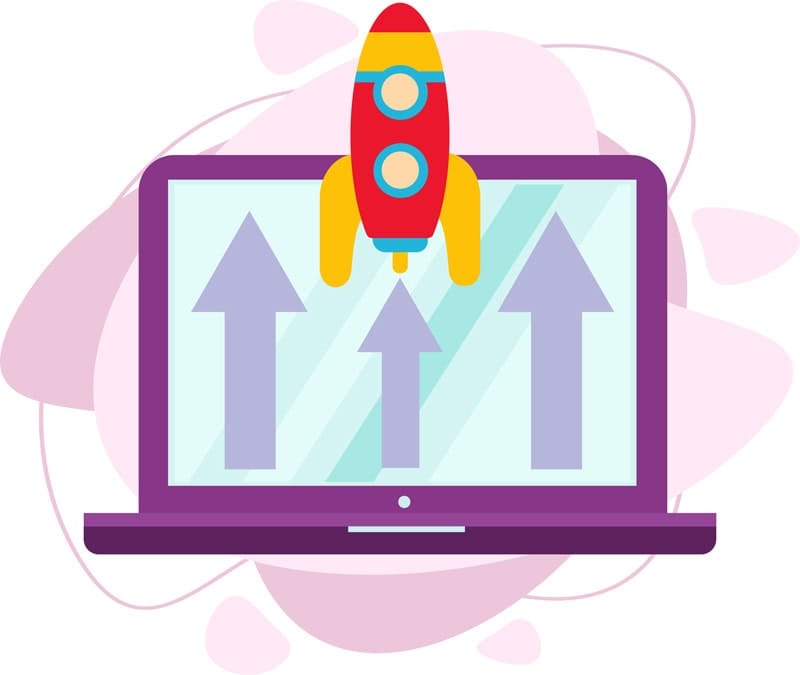 Illustration d’un ordinateur portable avec une fusée symbolisant l’optimisation et la rapidité d’un site WordPress.