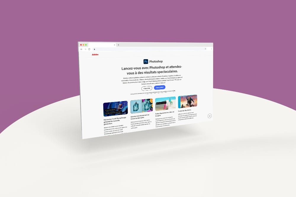 Capture d'écran de la page d'accueil de Photoshop affichée sur un mockup de navigateur.