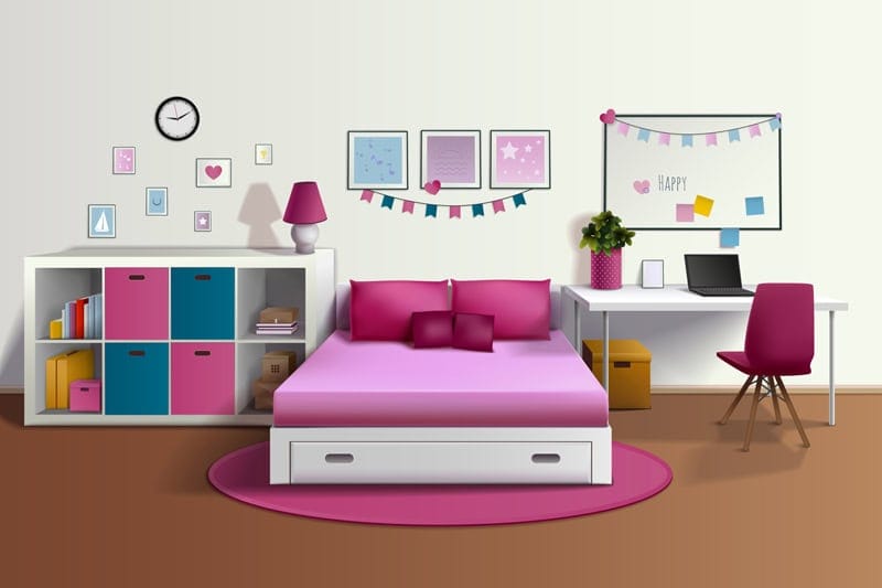 Une chambre bien rangée avec un lit, un bureau et des décorations colorées, illustrant l'importance de l'entretien et de l'organisation d'un site WordPress.