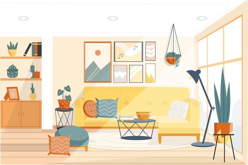 Illustration d’un salon cosy et bien décoré, représentant les thèmes WordPress comme la personnalisation d’un site.