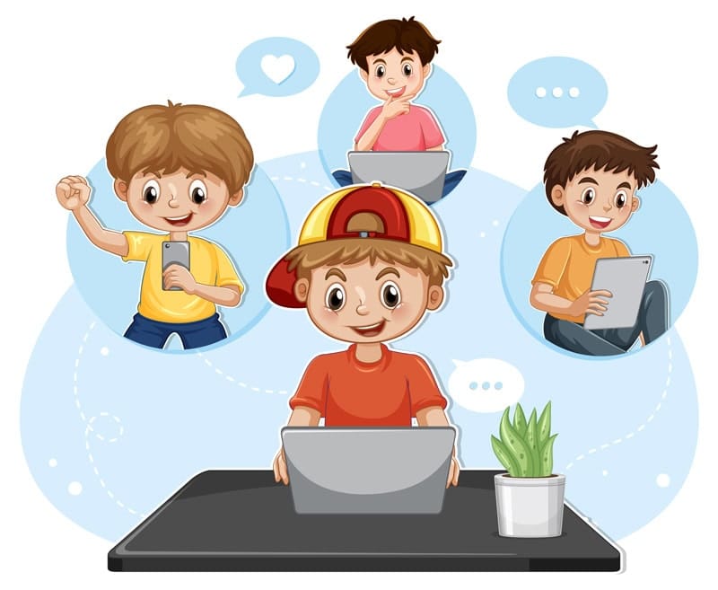 Illustration de jeunes enfants utilisant des ordinateurs et tablettes, représentant l'apprentissage simplifié du web et de WordPress.