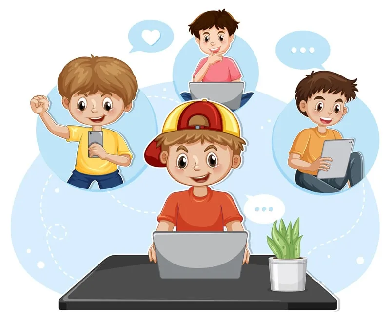 Illustration de jeunes enfants utilisant des ordinateurs et tablettes, représentant l'apprentissage simplifié du web et de WordPress.