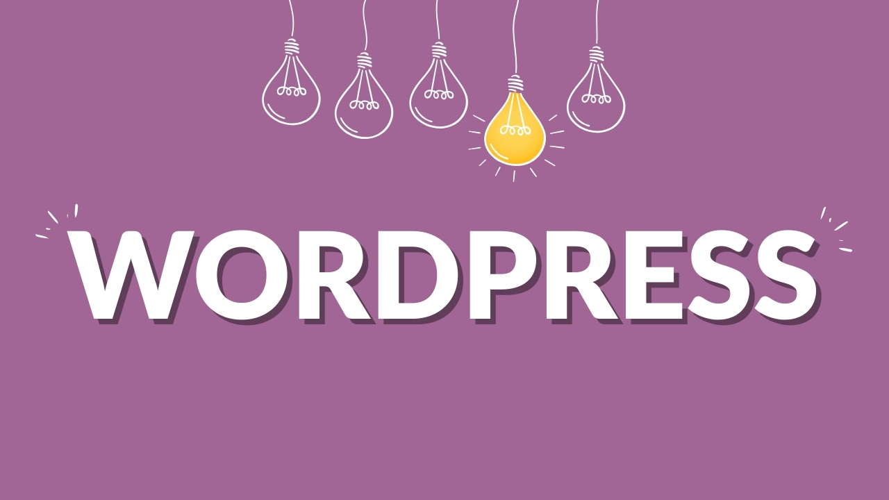 Illustration du mot WordPress sur fond violet avec ampoules stylisées