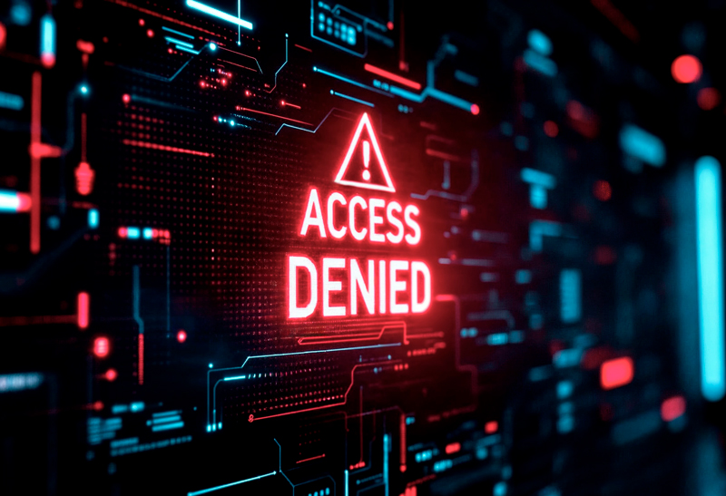 Message "Access Denied" en rouge sur écran numérique, symbolisant un site inaccessible ou verrouillé.