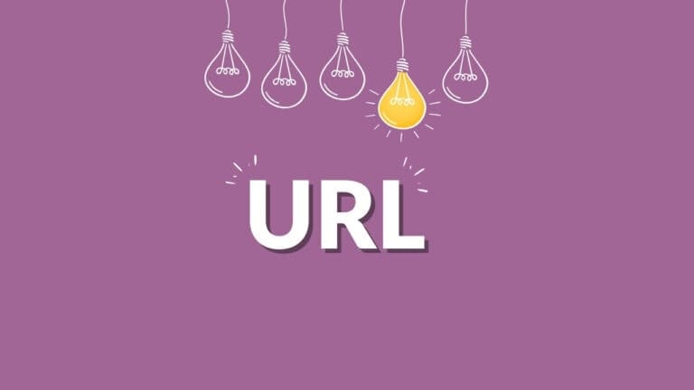 Illustration du mot URL sur fond violet avec ampoules stylisées