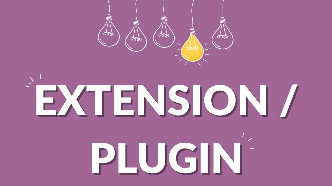 Image illustrant le mot Plugin ou Extension dans le Dico du Web Kaellyana. Fond violet avec des ampoules et le mot “EXTENSION / PLUGIN”.
