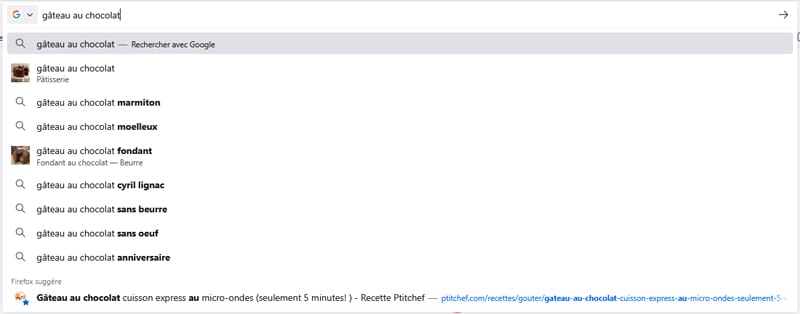 Capture d’écran d’une recherche Google pour le mot-clé "gâteau au chocolat"