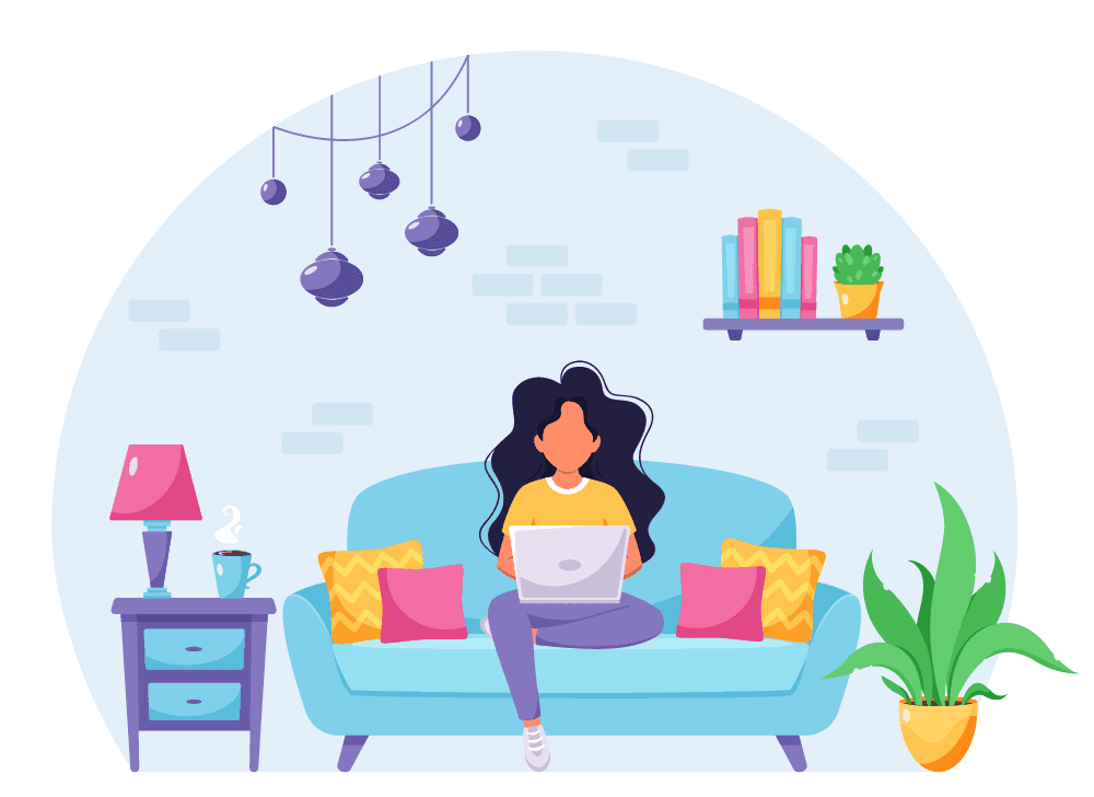 Illustration d’une personne travaillant sur un ordinateur portable, assise sur un canapé, entourée de plantes et de livres