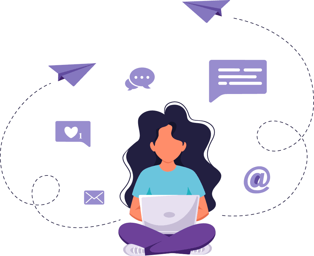 Personnage assis avec un ordinateur portable entouré d’icônes de messages et de communication numérique