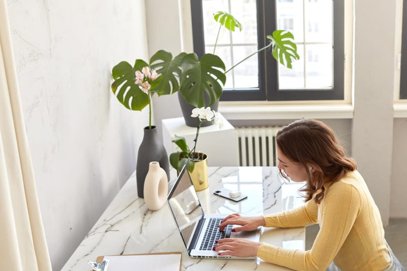 Femme travaillant sur un ordinateur portable dans un bureau lumineux, symbolisant l’optimisation des images pour le web.